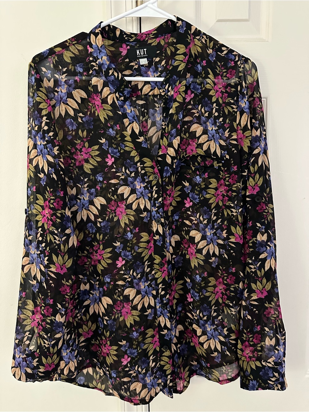 Kut from the Kloth Black Floral Sheer Button-Up Blouse - never worn
